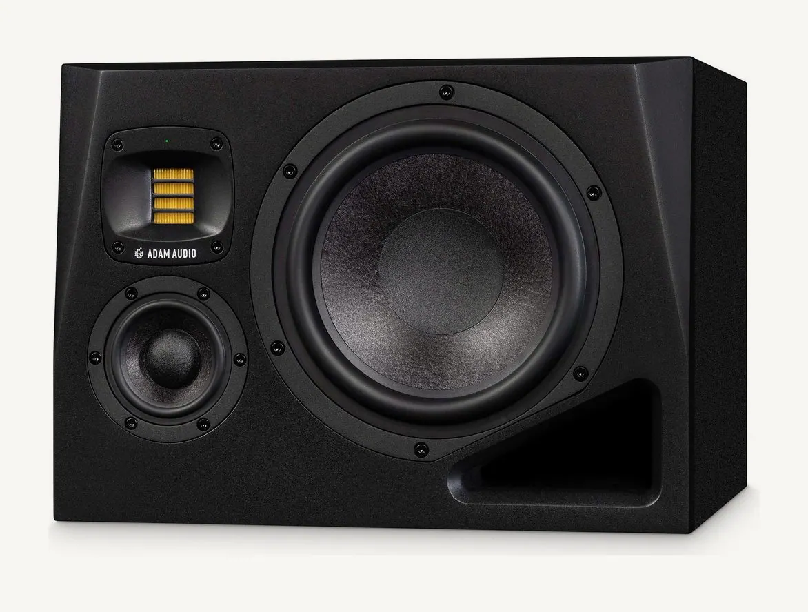 Moniteur ADAM Audio A8H version droite vu de trois quarts : boomer de 8 pouces, tweeter X-ART et médium