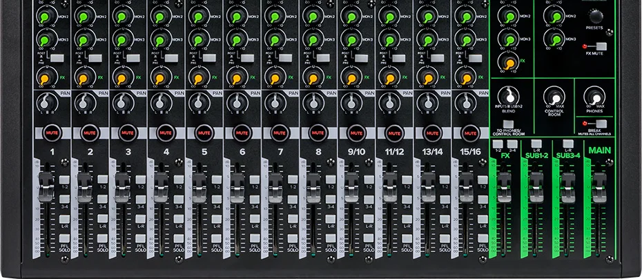 Bas de la face avant de la ProFX16v3 : départs Aux et effets, touches Mute, faders des voies, faders de sous-groupes, d'effets et principal