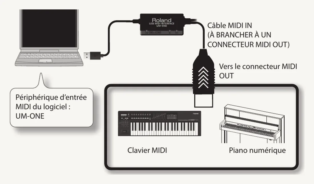Schéma du mode d'emploi Roland : ordinateur relié en USB à l'UM-ONE, câble MIDI IN branché sur la prise MIDI OUT d'un clavier MIDI ou d'un piano numérique