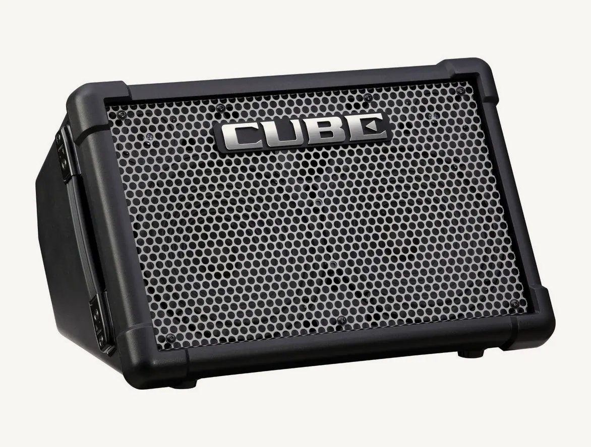Ampli stéréo sur piles Roland CUBE Street EX vu de trois quarts, grille métallique et logo CUBE