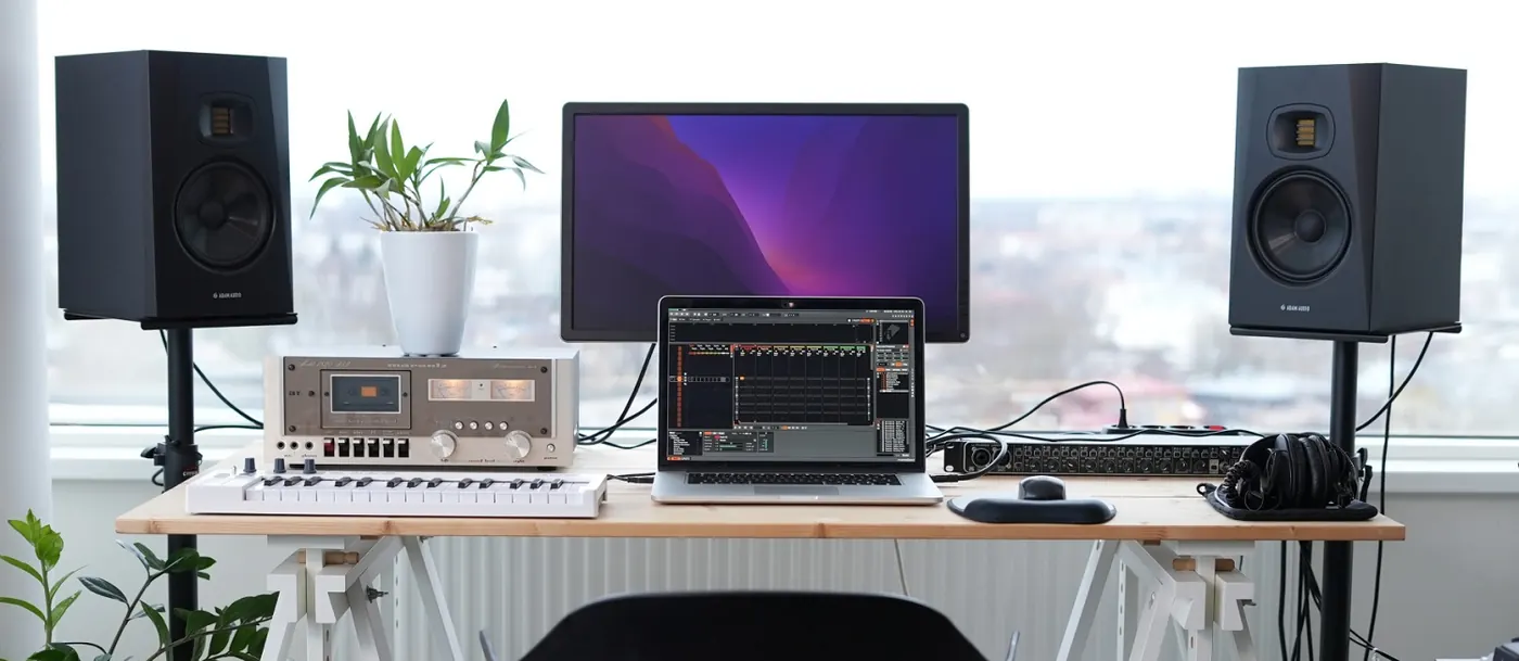 Bureau de production lumineux : deux moniteurs ADAM Audio T7V sur pieds, de part et d'autre d'un écran