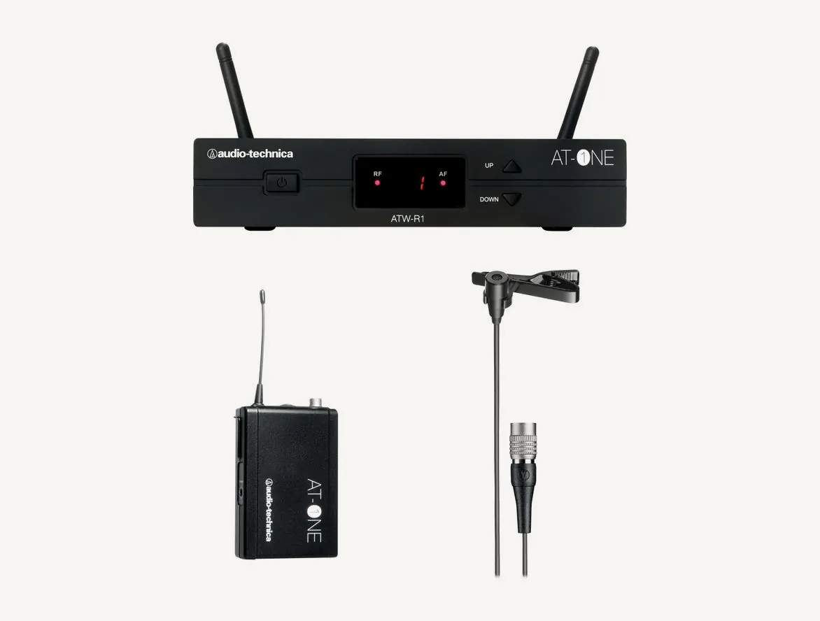 Système AT-One ATW-11/P : récepteur ATW-R1, émetteur de ceinture ATW-T1 et micro-cravate ATR35cW