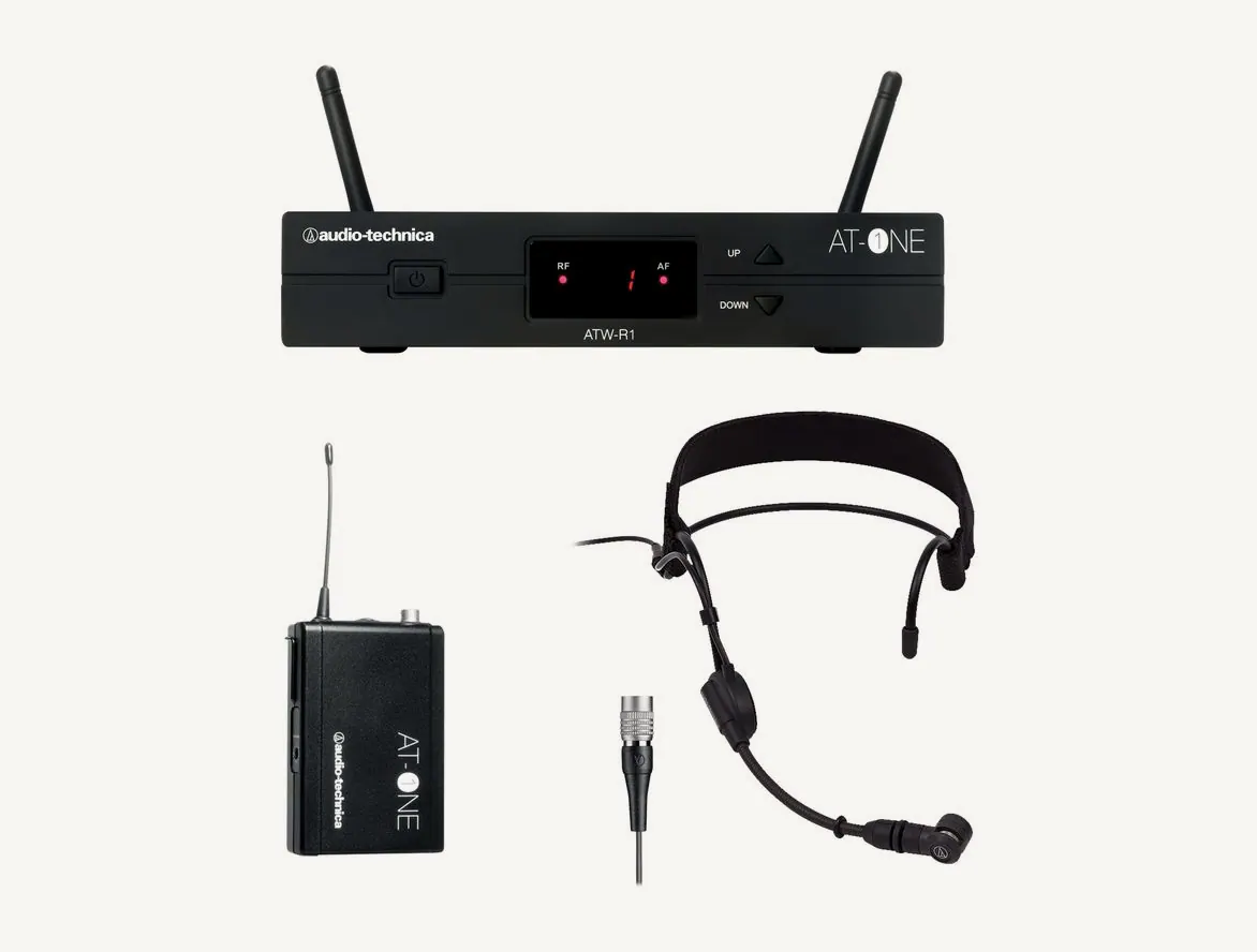 Système AT-One ATW-11/H : récepteur ATW-R1, émetteur de ceinture ATW-T1 et micro serre-tête PRO 9cW
