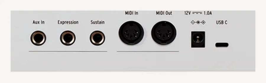 Prises arrière du KeyLab 49 mk3 : Aux In, Expression, Sustain, MIDI In, MIDI Out, entrée 12 V et USB-C