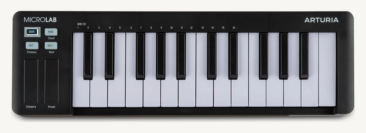 Arturia MicroLab mk3 noir vu de dessus : bandes tactiles, boutons Shift, Hold et Octave, 25 touches