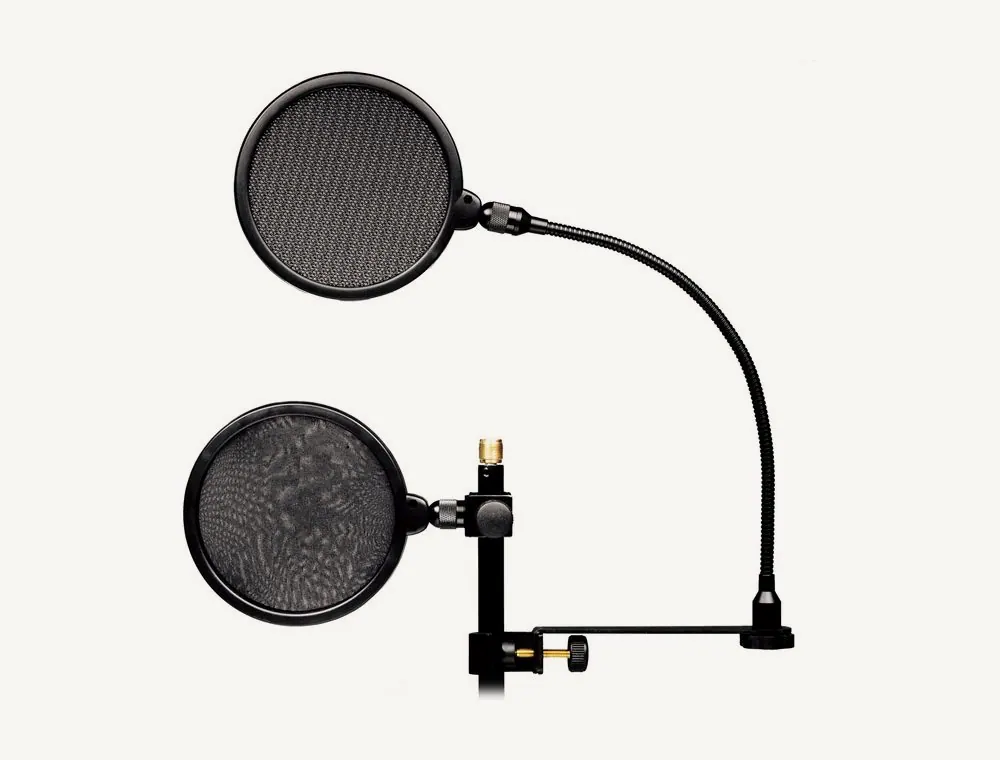 Superlux HM18AG pop filter with its steel mesh screen on the gooseneck and its nylon screen on the clamp arm