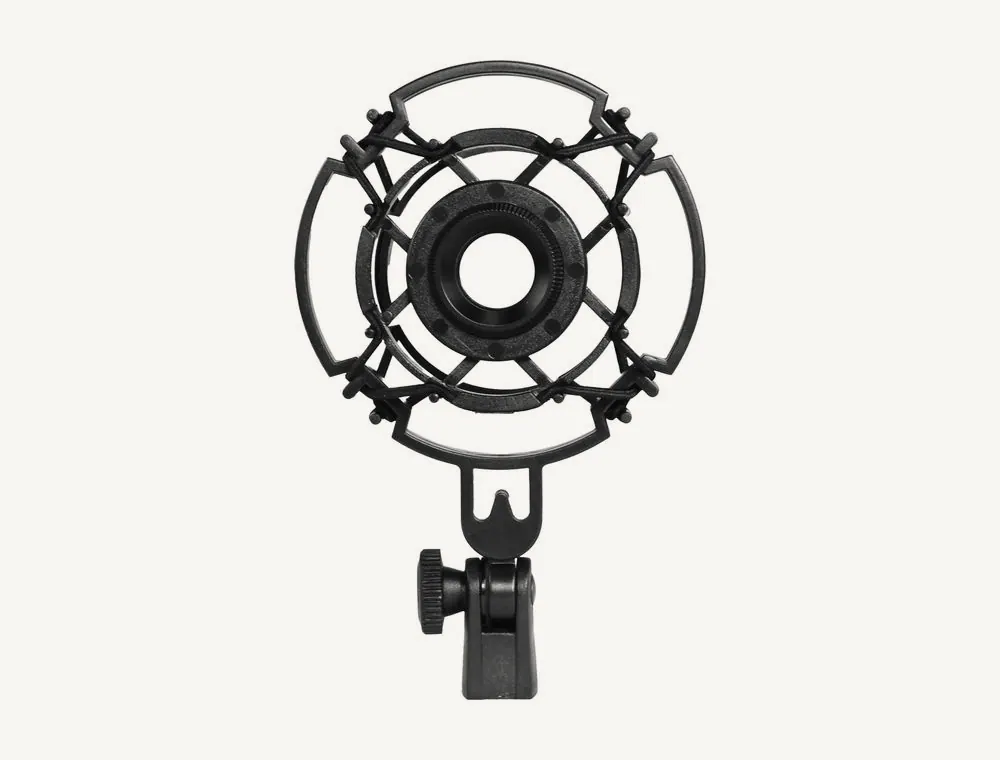 Suspension antichoc Superlux HM26B vue de face, cadre en plastique noir et bague centrale