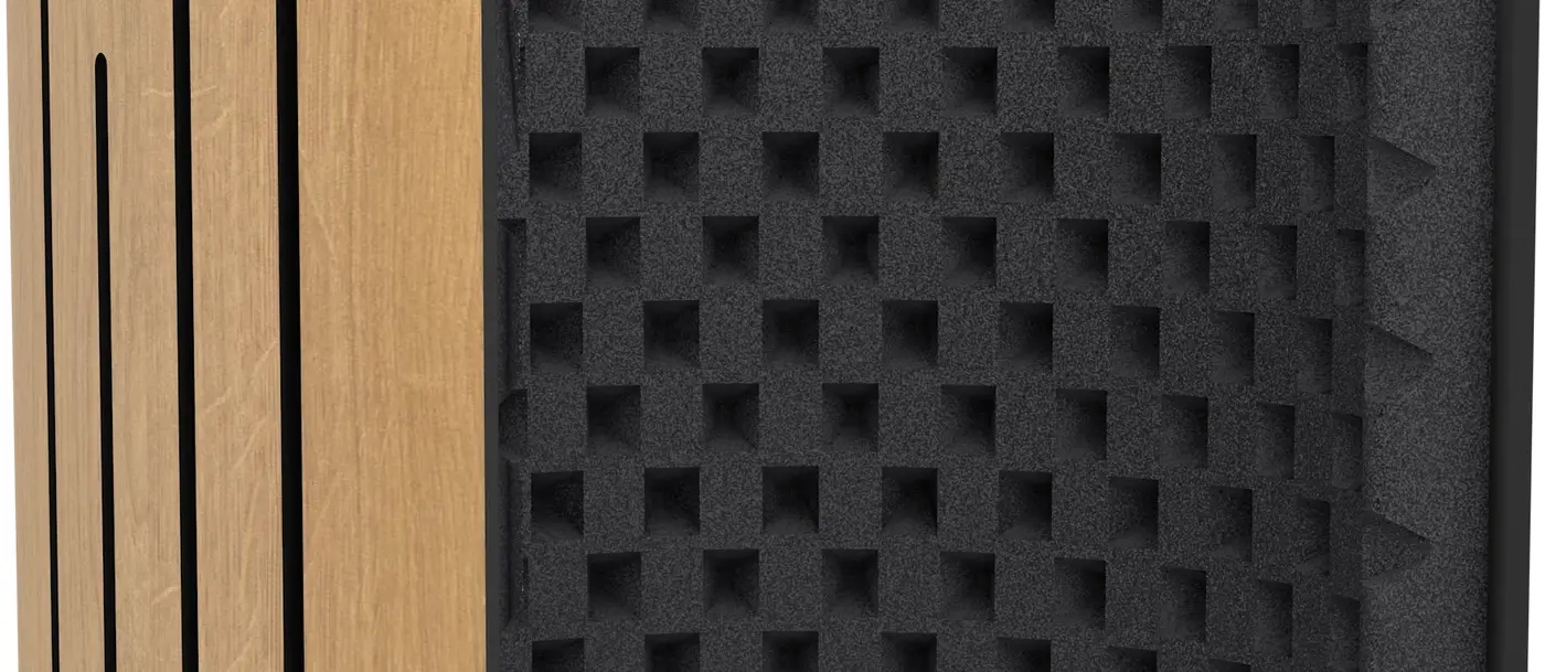 Gros plan sur la coque rainurée en bois Natural Oak et la mousse acoustique alvéolée du Flexi Screen Ultra MKII