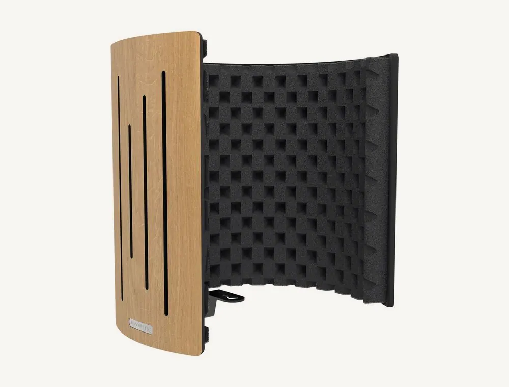 Écran d'isolation Vicoustic Flexi Screen Ultra MKII en finition Natural Oak, coque en bois rainurée et mousse acoustique grise à l'intérieur