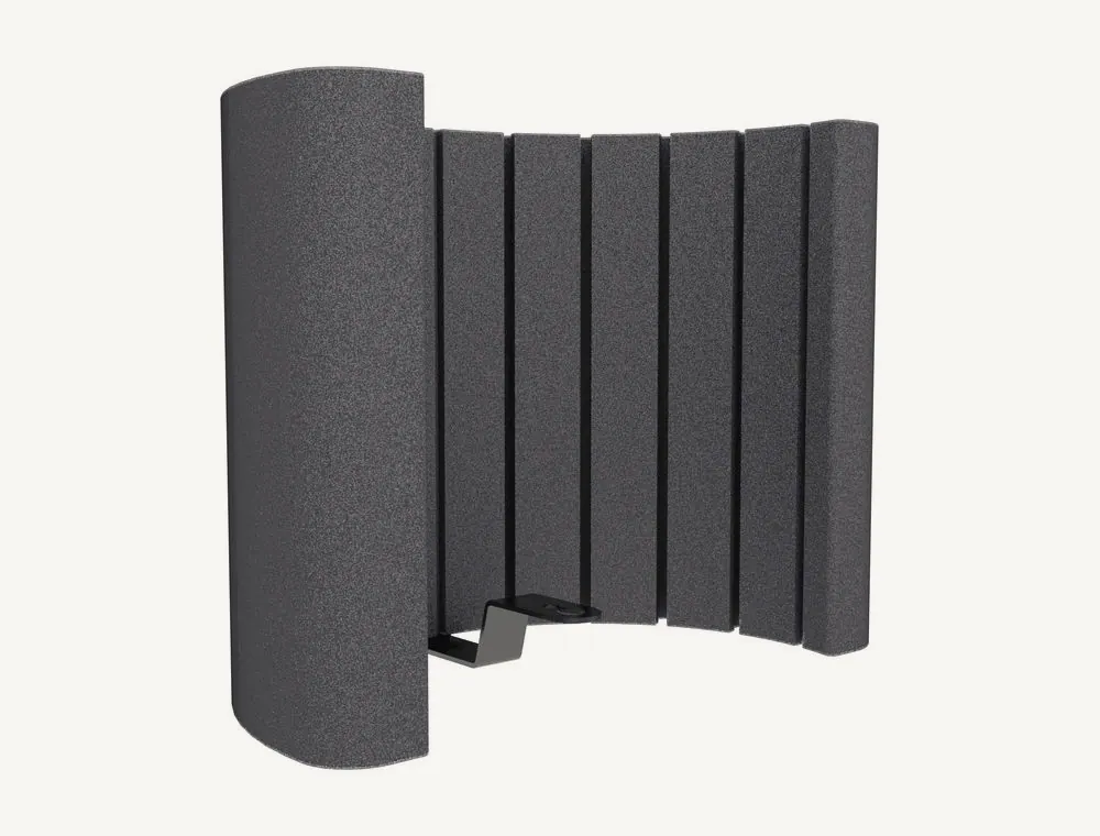Écran acoustique en mousse grise Vicoustic Flexi Screen Lite v2 vu de trois quarts, avec son support de fixation