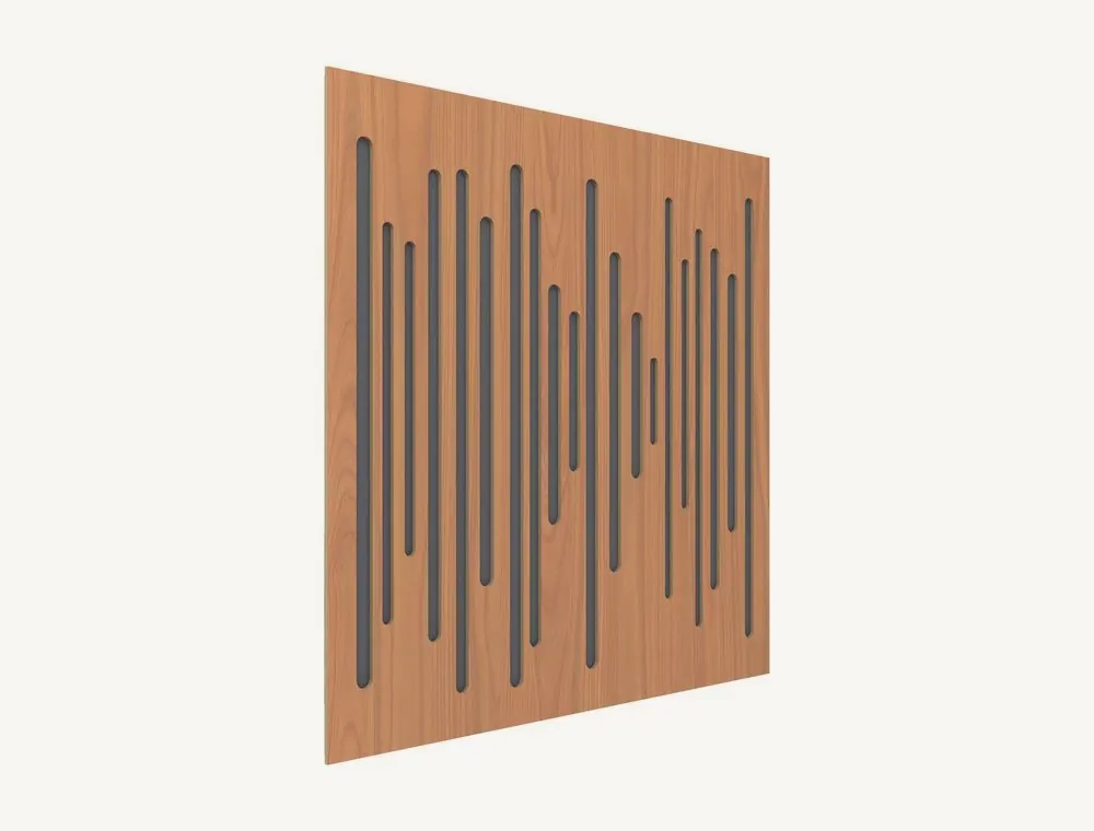 Panneau acoustique Vicoustic Wavewood Ultra Lite en finition Locarno Cherry, façade en bois percée de rainures verticales