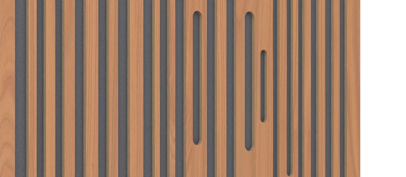 Gros plan sur les rainures verticales de la façade Locarno Cherry du Wavewood Ultra Lite, mousse grise visible au fond