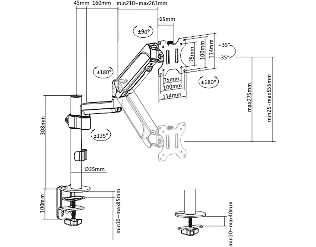 Schéma coté du Quik Lok VSC/001 : colonne de 35 mm, pince de 10 à 85 mm, passe-bureau de 10 à 40 mm, angles de rotation et d'inclinaison