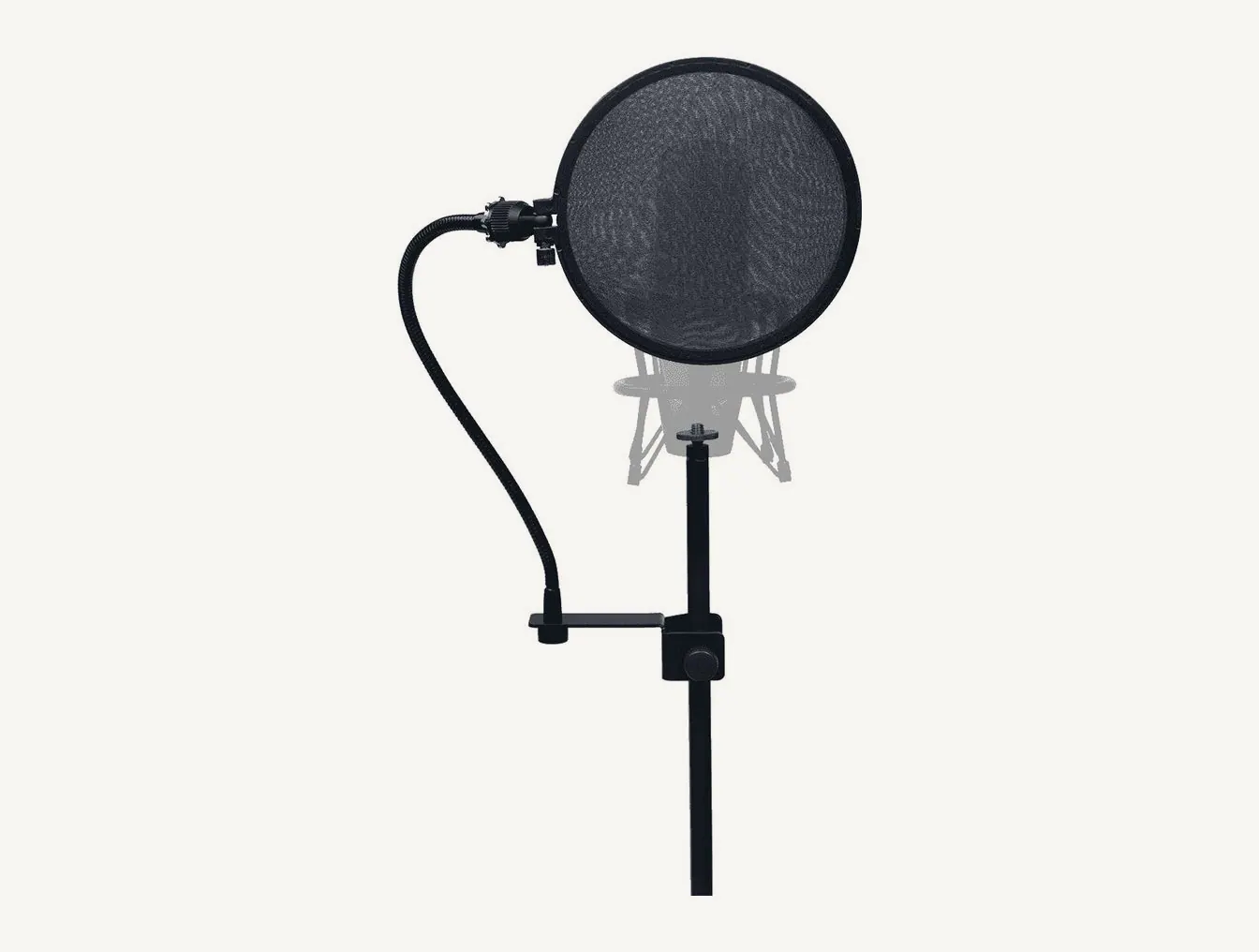 Filtre anti-pop RTX AP01 noir sur son col de cygne, fixé au pied devant un micro de studio
