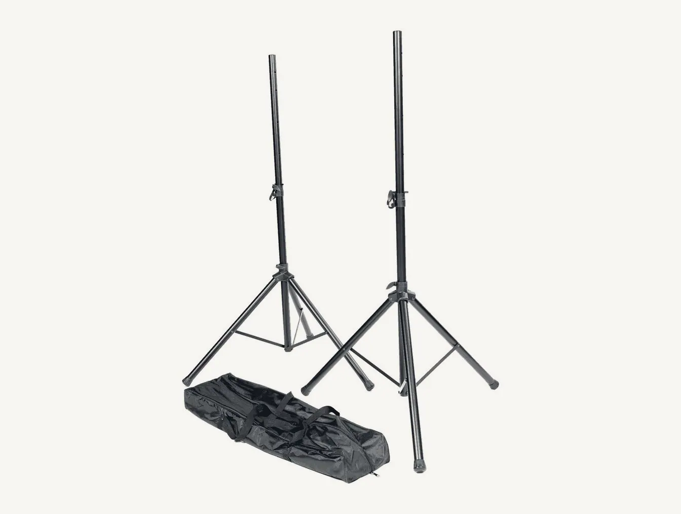 Deux pieds d'enceinte RTX SS01-PACK noirs dépliés en trépied, leur sac de transport posé au sol