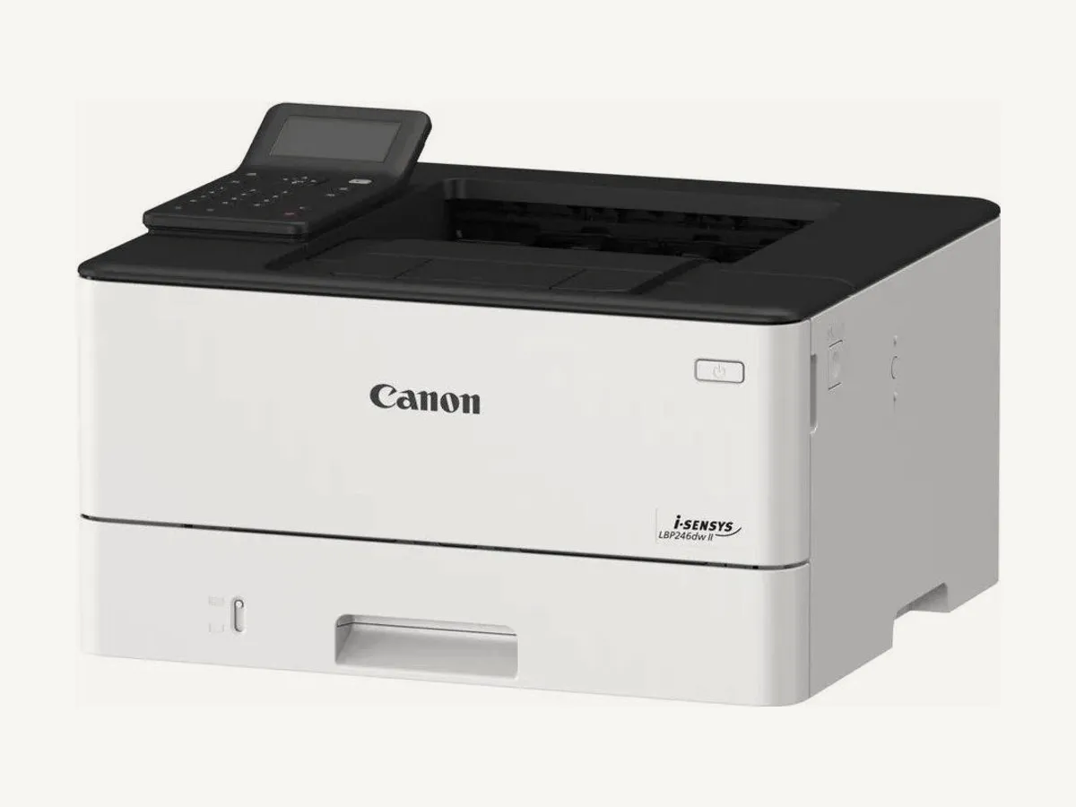 Imprimante laser Canon i-SENSYS LBP246dw II vue de trois quarts, panneau de commande relevé