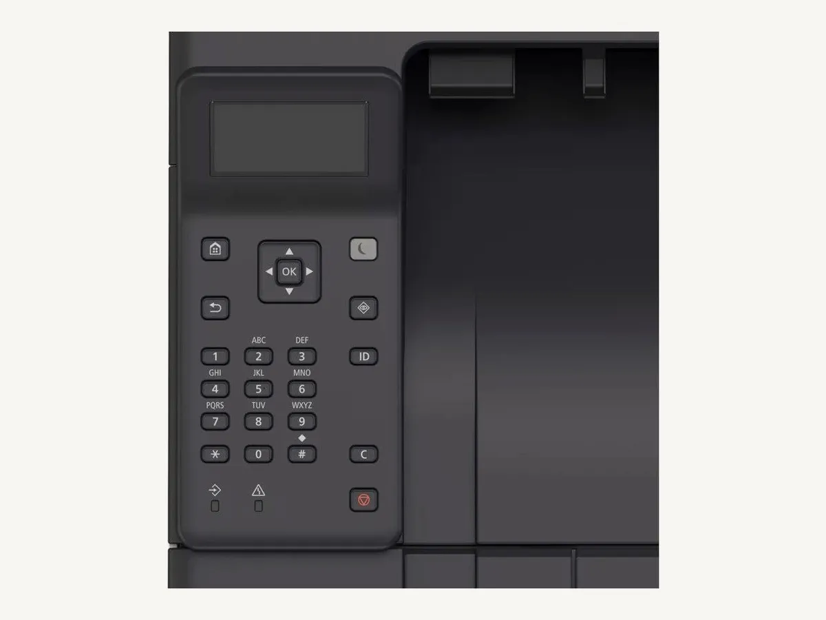 Panneau de commande de la Canon LBP246dw II : écran LCD cinq lignes et pavé numérique à dix touches