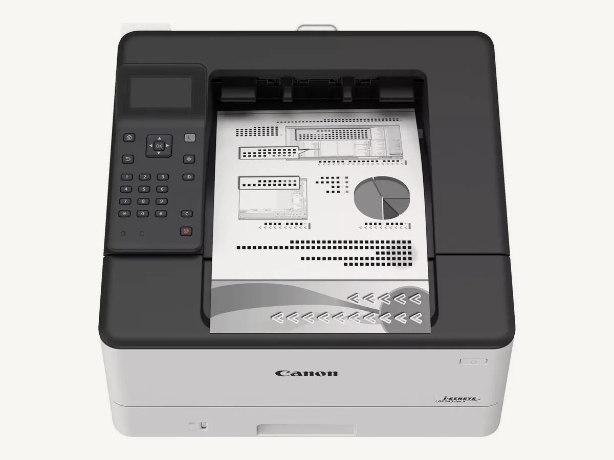 Canon LBP243dw II vue de dessus avec une page imprimée dans le bac de sortie