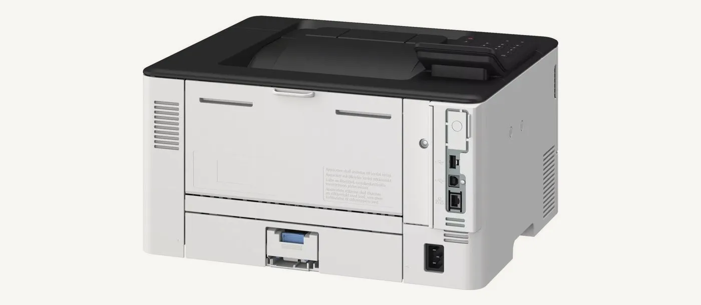 Face arrière de la Canon LBP243dw II : ports USB et Ethernet, prise d'alimentation et unité recto verso