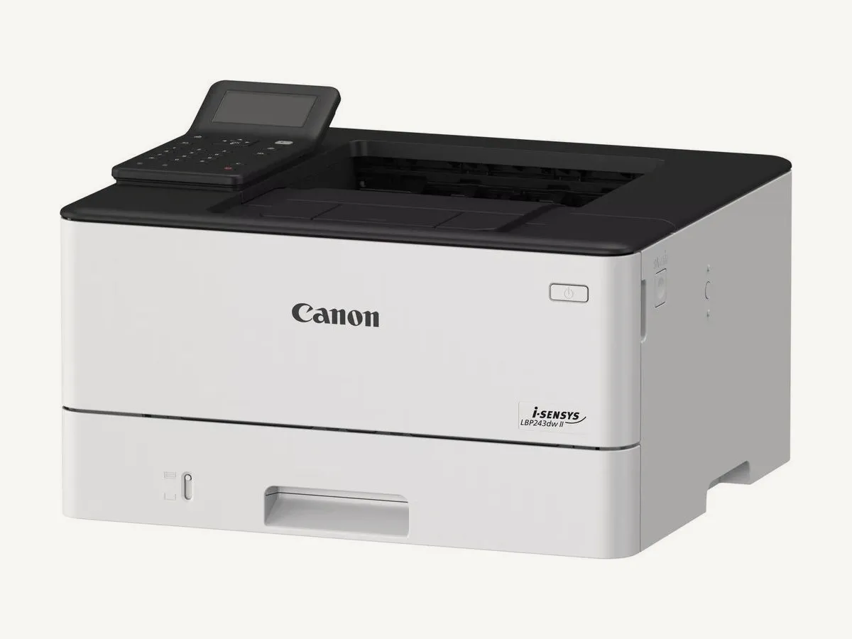 Imprimante laser monochrome Canon i-SENSYS LBP243dw II vue de face, panneau de commande relevé
