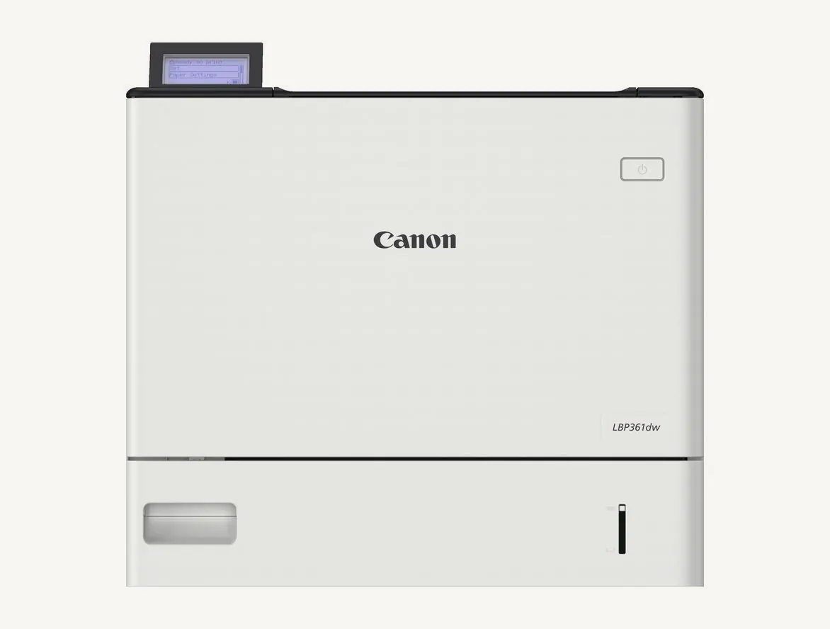 Imprimante laser monochrome Canon i-SENSYS LBP361dw vue de face, avec son écran LCD 5 lignes et sa cassette 550 feuilles