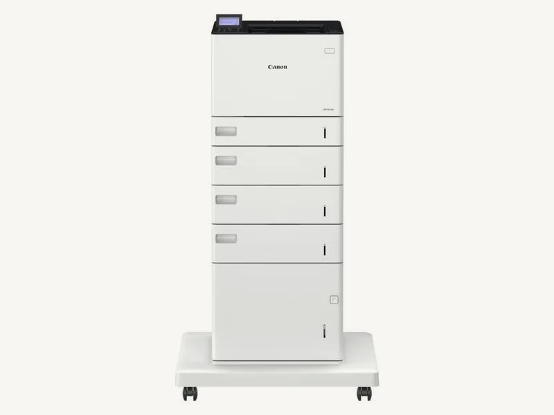 Canon LBP361dw montée sur plusieurs cassettes supplémentaires et un socle à roulettes, configuration en option