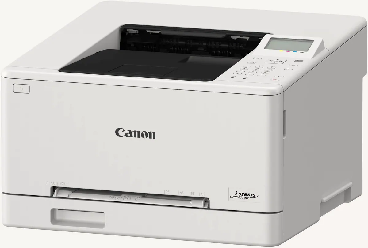Imprimante laser couleur Canon i-SENSYS LBP646Cdw vue de trois quarts, bac de sortie et panneau de commande sur le dessus