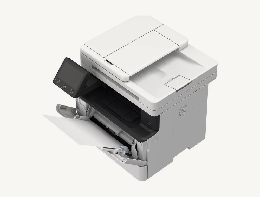 Canon MF463dw II avec le bac multifonction ouvert sur la face avant