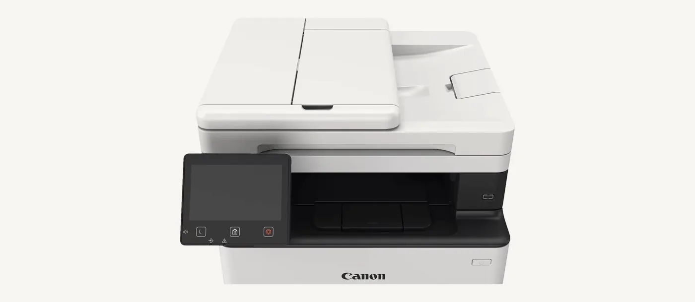 Canon MF463dw II vue de face : chargeur automatique de documents au-dessus de la vitre et panneau tactile