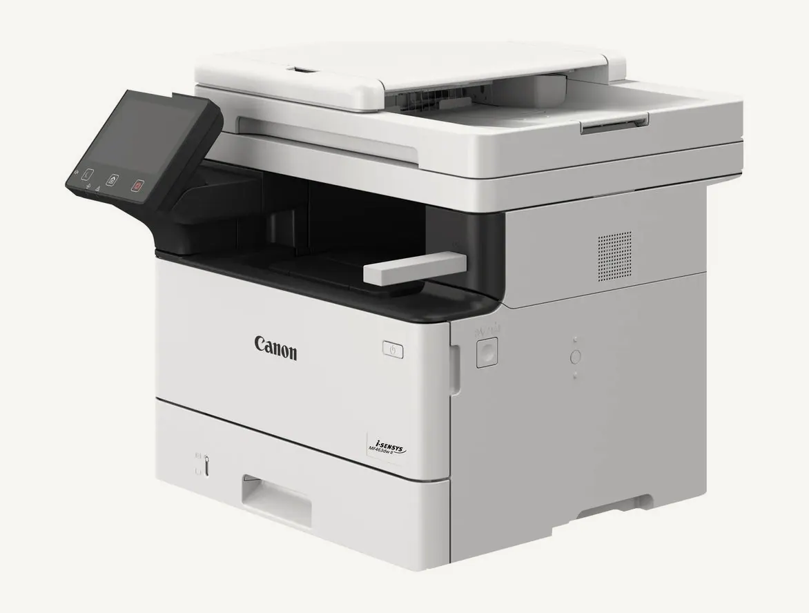 Multifonction Canon i-SENSYS MF463dw II vue de trois quarts, chargeur de documents et écran tactile