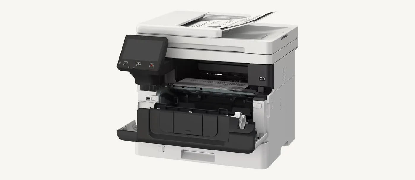 Canon MF463dw II porte avant ouverte donnant accès à la cartouche de toner