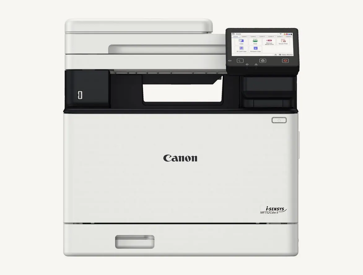 Multifonction laser couleur Canon i-SENSYS MF752Cdw II vue de face avec son écran tactile