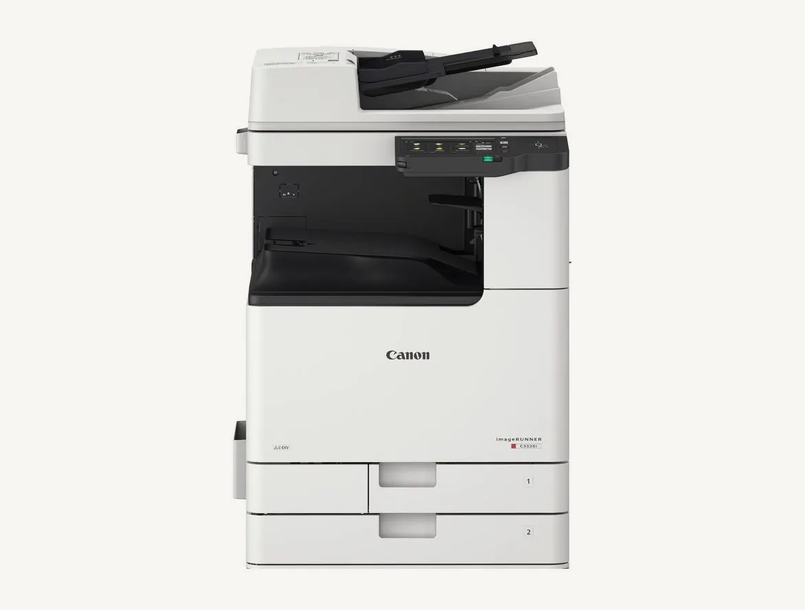 Copieur Canon imageRUNNER C3326i de face, avec son chargeur de documents, son écran tactile et ses deux cassettes numérotées 1 et 2