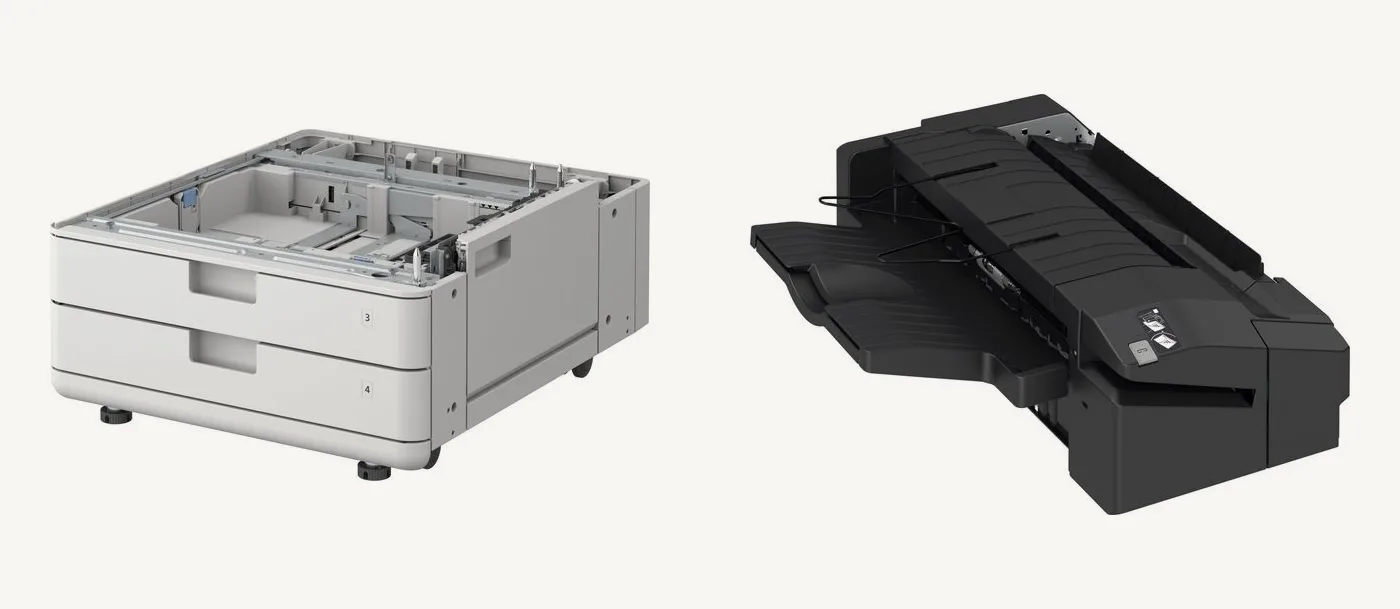 Deux options du Canon imageRUNNER C3326i : l'unité de deux cassettes Cassette Feeding Unit-AW1 et le module de finition noir Inner Finisher-L1