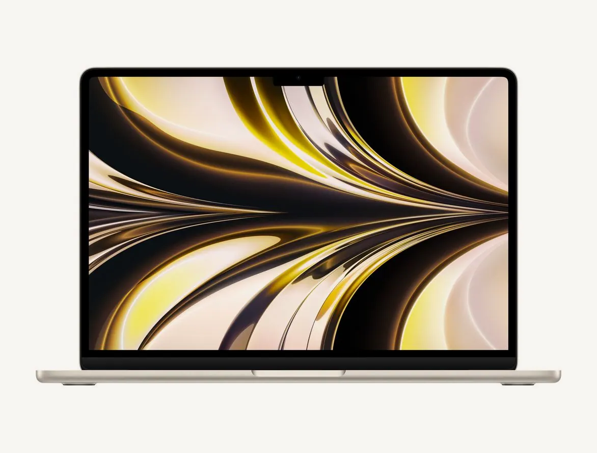 MacBook Air 13 pouces M2 lumière stellaire ouvert, vu de face, écran Liquid Retina allumé