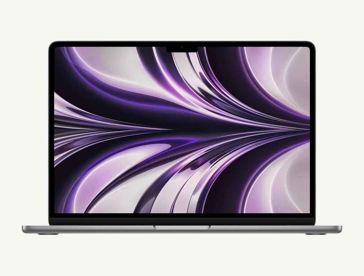 MacBook Air 13 pouces M2 gris sidéral ouvert, vu de face, écran Liquid Retina allumé