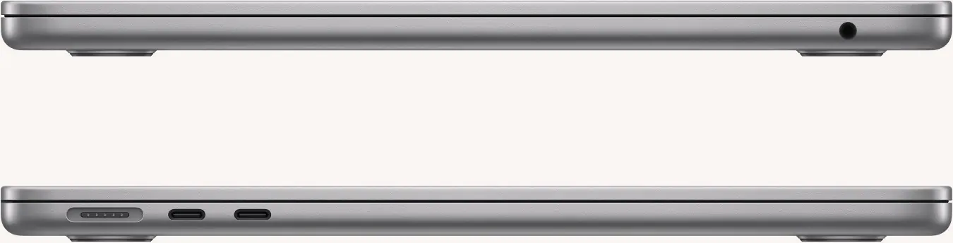 Tranches gauche et droite du MacBook Air M2 : MagSafe 3, deux ports Thunderbolt / USB 4 et prise casque