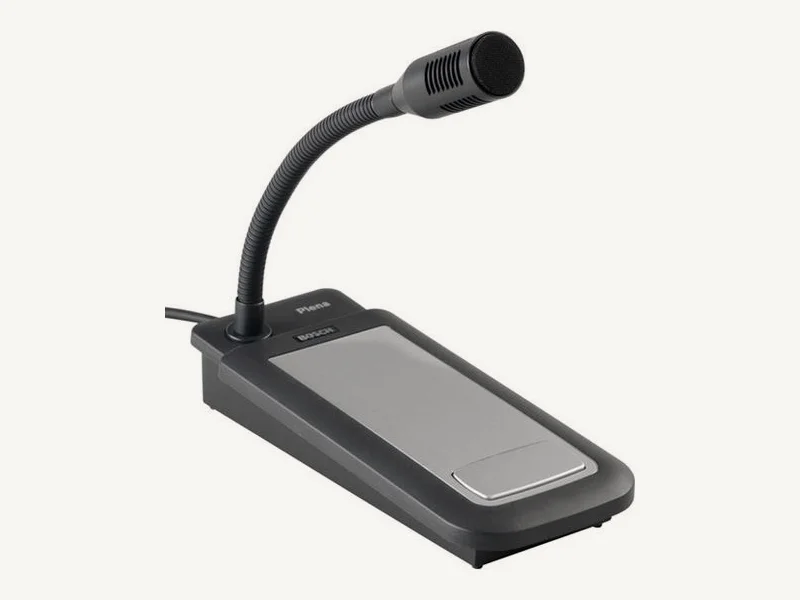 Pupitre d'appel Bosch Plena PLE-1SCS : col de cygne noir, micro dynamique et embase anthracite à touche argentée