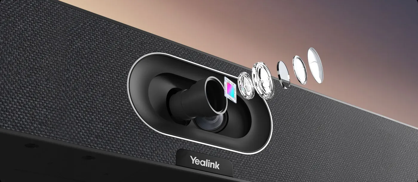 Vue éclatée du module caméra de la MeetingBar A40 montrant les lentilles du double objectif
