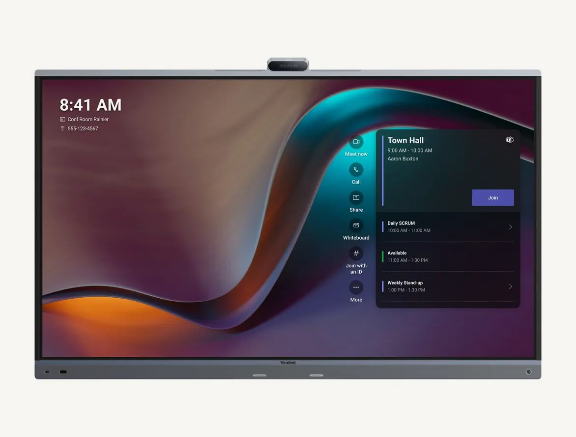 Yealink MeetingBoard 75 Pro vue de face, écran d'accueil Teams et module caméra au sommet