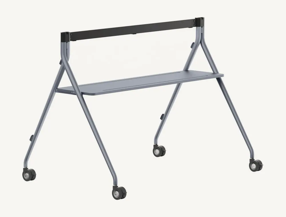 Pied mobile Yealink MB-FS-P750T vu de trois quarts, structure grise, barre noire et plateau
