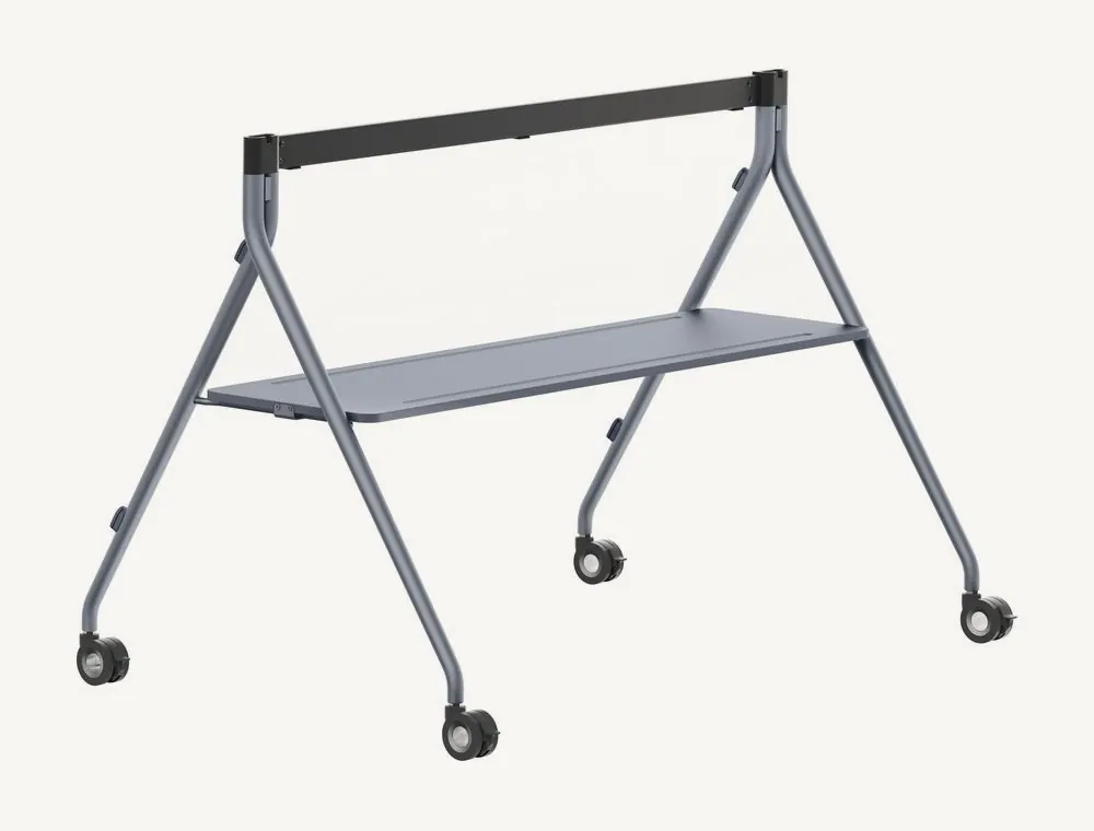 Pied mobile Yealink MB-FS-P860T vu de trois quarts, structure grise sur quatre roulettes