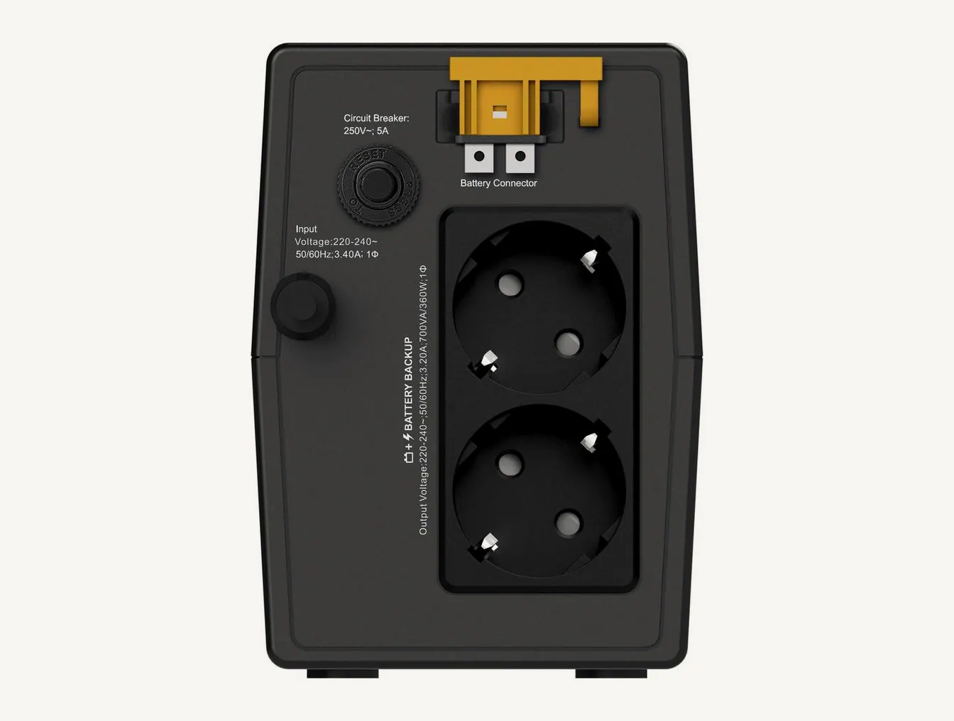 Face arrière de l'APC BVG700I-GR : deux prises Schuko, disjoncteur réarmable et connecteur de batterie jaune