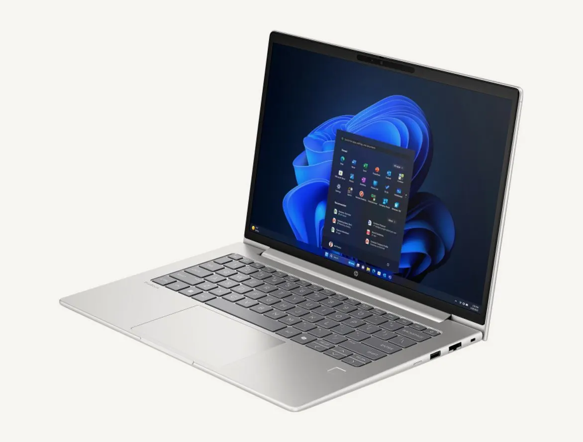 HP ProBook 4 G1i 14 ouvert, vu de trois quarts avant gauche, châssis argent