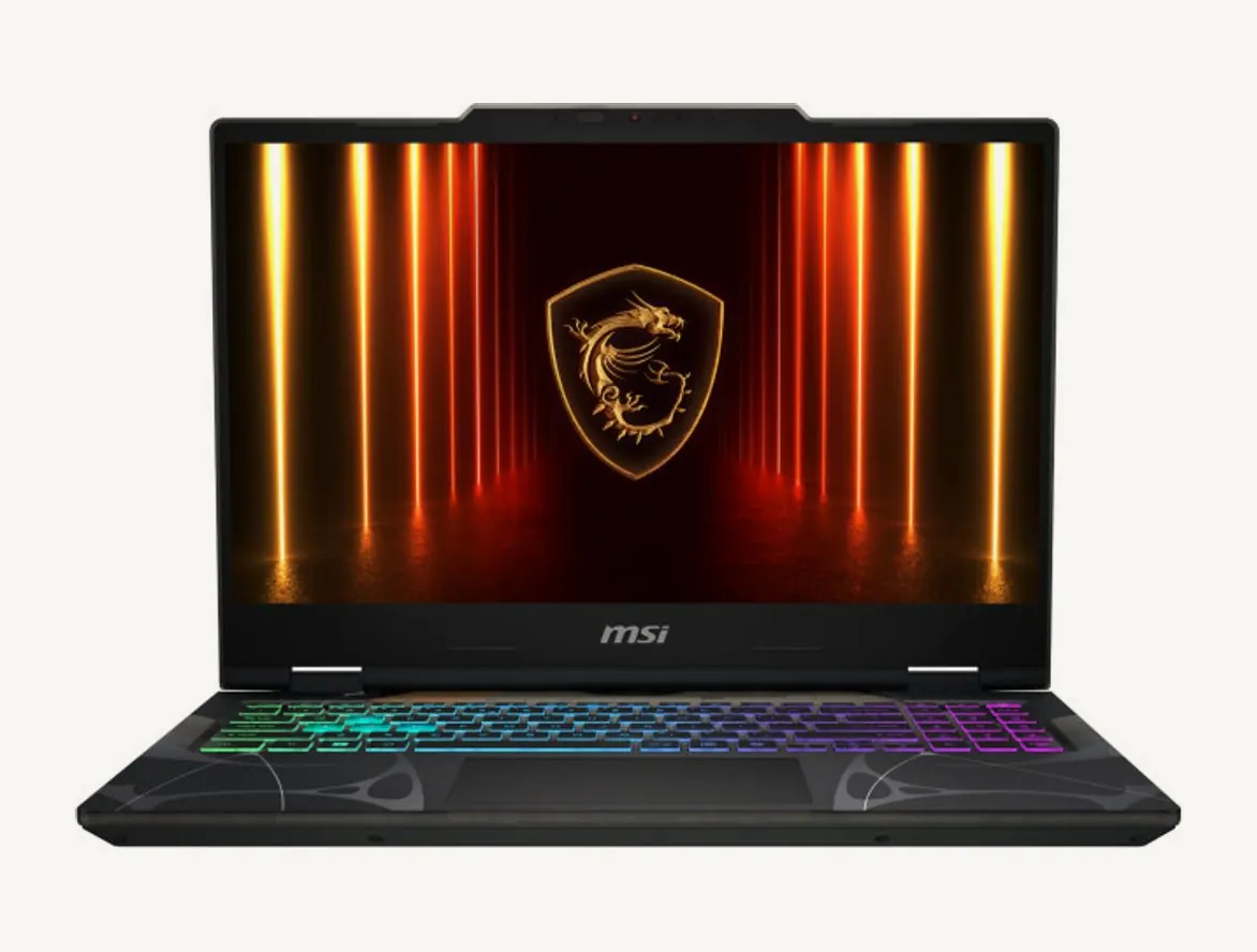 MSI Cyborg 15 vu de face, écran ouvert et clavier rétroéclairé RGB