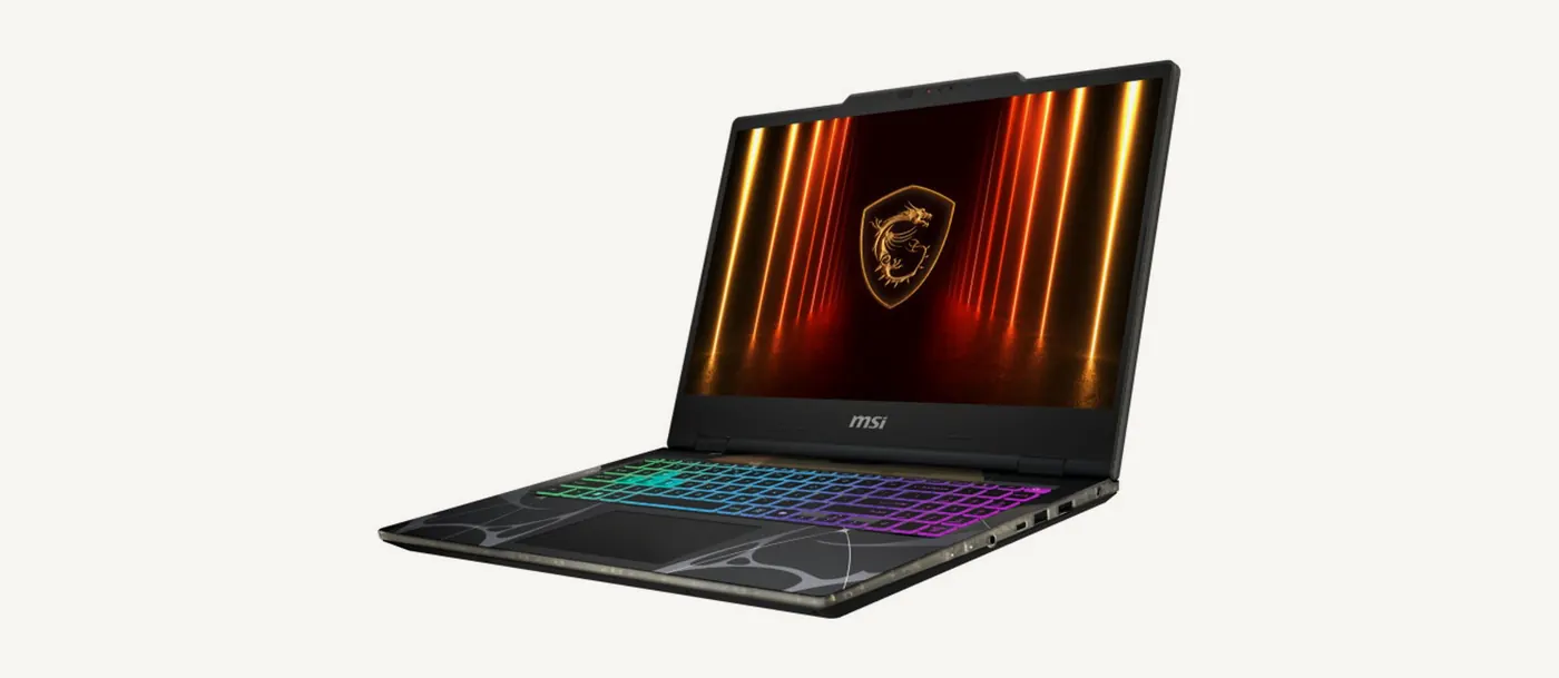 MSI Cyborg 15 de trois quarts, clavier RGB et tranche latérale