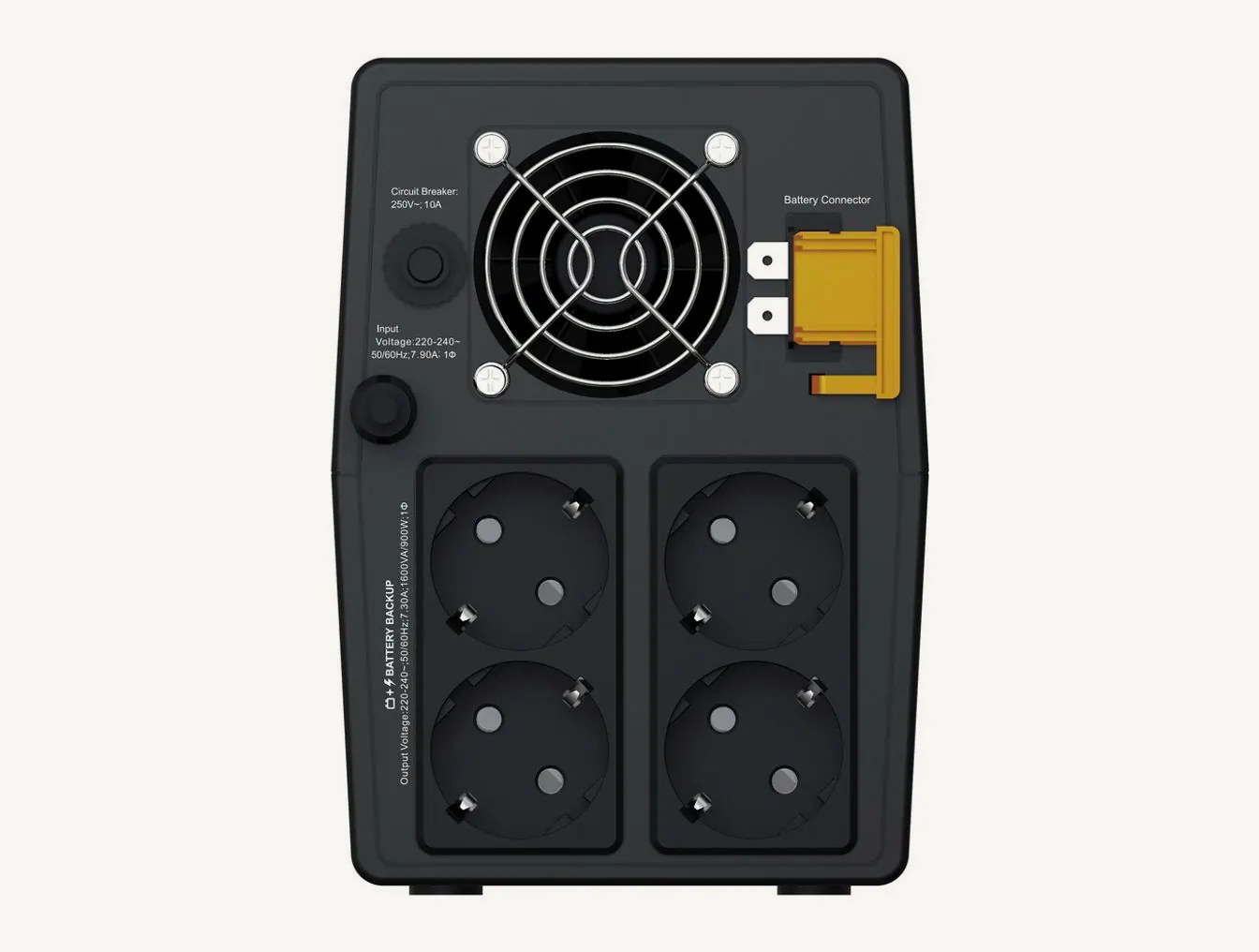 Face arrière de l'APC BVG1600I-GR : quatre prises Schuko, ventilateur, disjoncteur réarmable et connecteur de batterie jaune