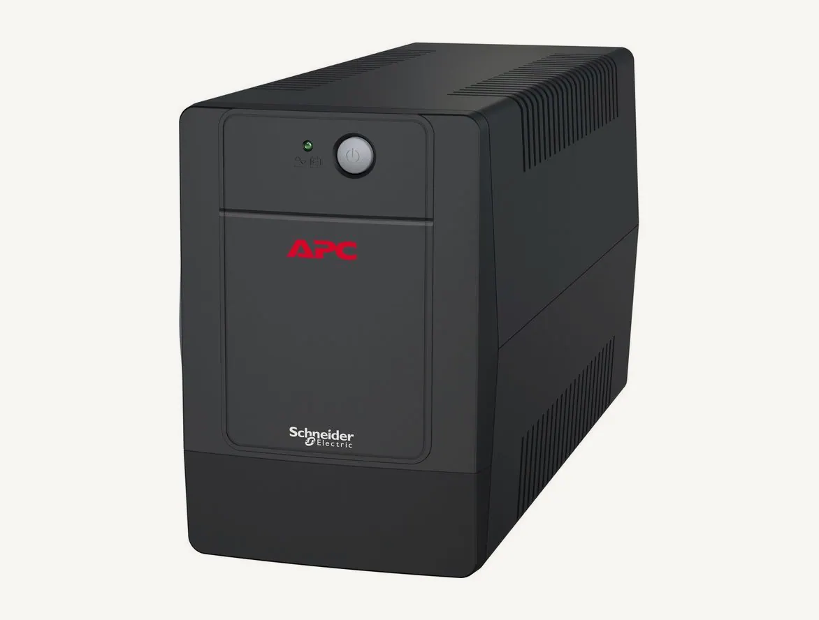 Onduleur APC Easy UPS BVG2200I-GR vu de trois quarts, façade noire avec bouton marche et voyant