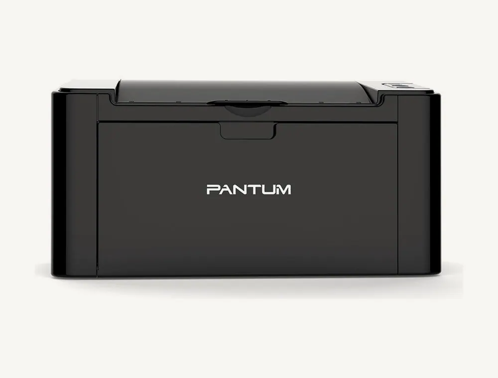 Face avant de la Pantum P2500 avec le logo et la trappe de sortie du papier