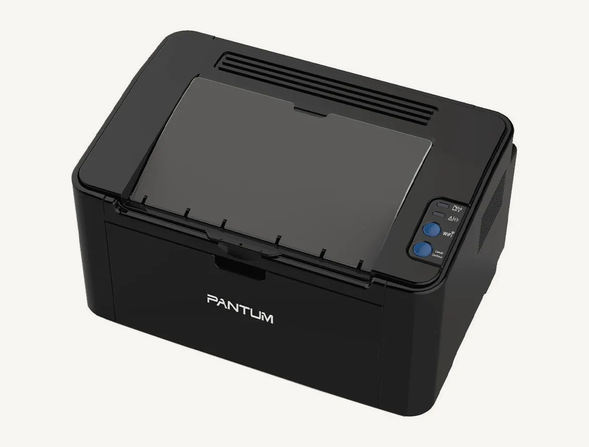Imprimante laser monochrome Pantum P2500 noire vue de trois quarts, capot supérieur et boutons de commande